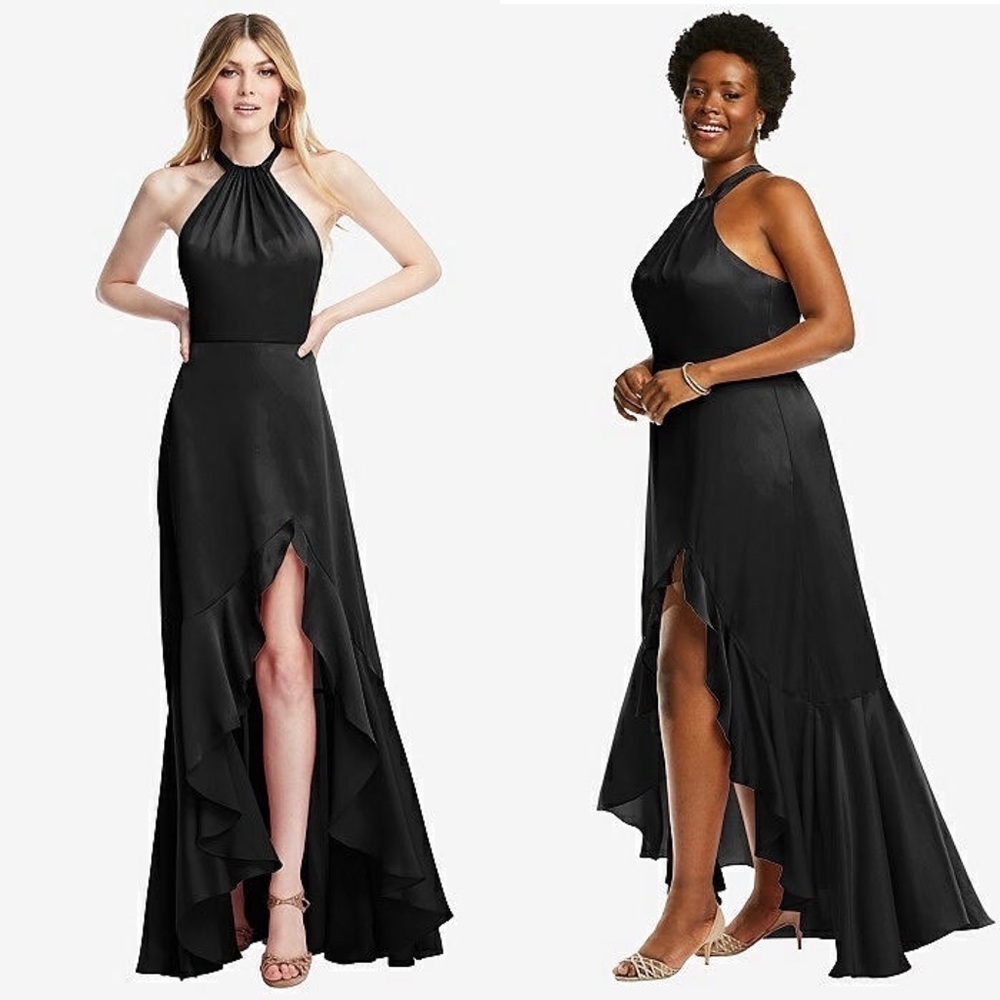 NWT SOCIAL BRIDESMAIDS Satin Sleeveless Halter Neck High Low Ruffle Hem Gown S